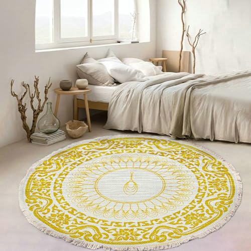 Gualiy Rund Teppich, Teppich Gelb 150 Polyester Mandala Muster Wohnzimmerteppich von Gualiy