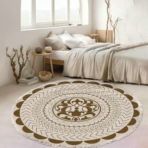 Gualiy Runde Teppiche, Teppich 90 Polyester Blumen Blätter Muster Teppich Wohnzimmer, Braun Beige von Gualiy