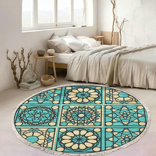 Gualiy Runder Teppich, Teppich 80 Polyester Geometrisch Muster Teppiche Waschbar, Grün Beige von Gualiy