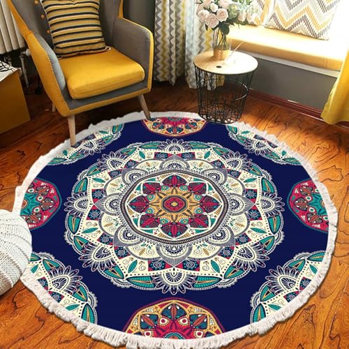 Gualiy Runder Teppich Boho, Teppich 150 Polyester Mandala Muster mit Quasten Wohnzimmerteppich, Dunkelblau von Gualiy