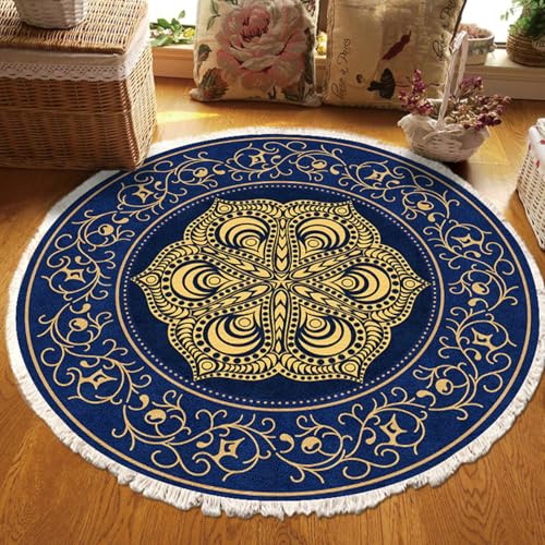 Gualiy Runder Teppich Boho, Teppich 80 Polyester Mandala Muster Wohnzimmer Teppiche, Dunkelblau Gold von Gualiy