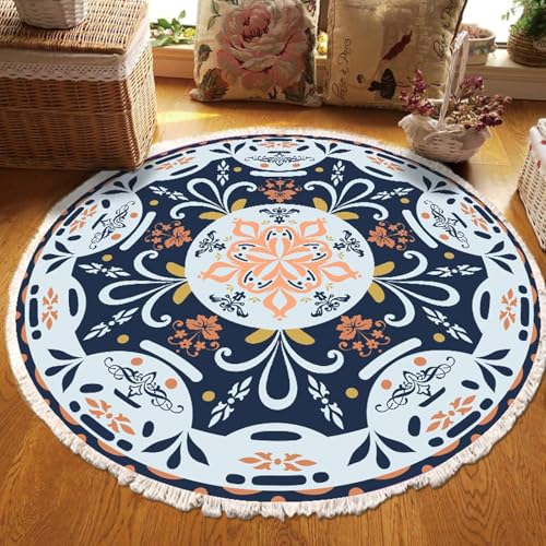 Gualiy Runder Teppich Esstisch, Teppich 100 Polyester Mandala mit Quasten Wohnzimmer Teppiche, Mehrfarbig von Gualiy