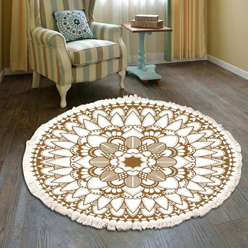 Gualiy Runder Teppich Esstisch, Teppich 80 Polyester Floral Mandala mit Quasten Teppiche Waschbar, Khaki von Gualiy