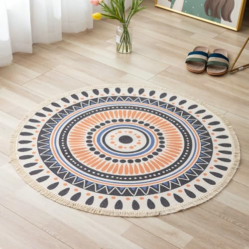 Gualiy Runder Teppich Esstisch, Teppich 90 Mandala mit Quasten Teppiche Schlafzimmer, Graublau Orange von Gualiy