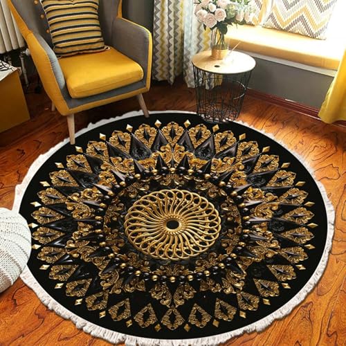 Gualiy Runder Teppich Esstisch, Teppich Klein 60 Mandala mit Fransen Wohnzimmer Teppiche, Schwarz Gold von Gualiy