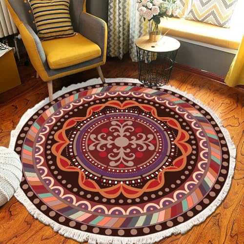 Gualiy Runder Teppich Esszimmer, Teppich 150 Polyester Mandala Muster mit Quasten Wohnzimmerteppich, Mehrfarbig von Gualiy