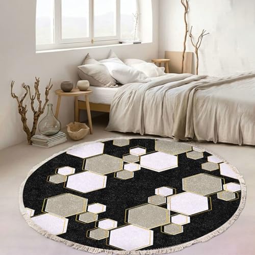 Gualiy Runder Teppich Schlafzimmer, Teppich 150 Polyester Geometrisch Muster mit Quasten Teppiche Waschbar, Schwarz Weiß von Gualiy