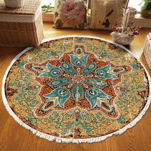 Gualiy Runder Teppich Vorzimmer, Teppich 90 Polyester Mandala Muster Teppiche Waschbar, Gelb Orange Grün von Gualiy