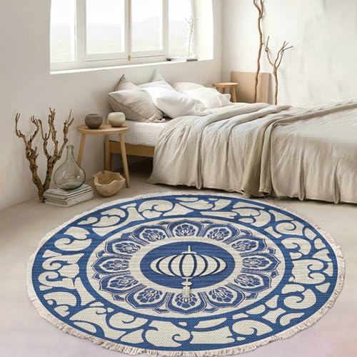 Gualiy Runder Teppich Waschbar, Teppich Klein 60 Polyester Laterne Floral Muster Teppiche, Blau Beige von Gualiy