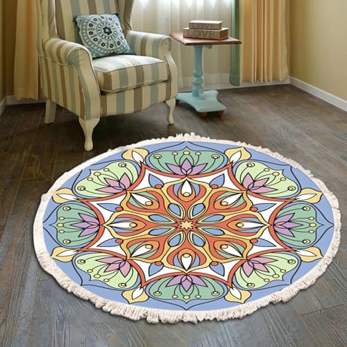 Gualiy Teppich Rund Esstisch, Teppich 150 Polyester Mandala mit Quasten Wohnzimmer Teppiche, Orange Hellgrün von Gualiy