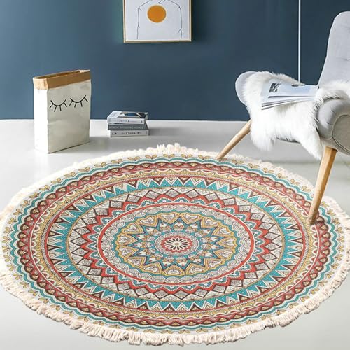 Gualiy Teppich Rund Esstisch, Teppich 200 Polyester Floral Mandala mit Quasten Teppiche Waschbar, Mehrfarbig von Gualiy