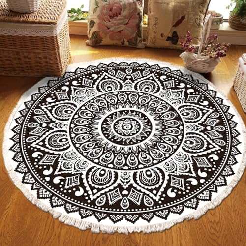 Gualiy Teppich Rund Esstisch, Teppich 80 Floral Mandala mit Quasten Teppiche Wohnzimmer, Weiß Schwarz von Gualiy