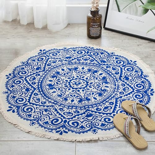 Gualiy Teppich Rund Schlafzimmer, Teppich Blau 90 Polycotton Blumen Mandalamuster mit Quasten Wohnzimmerteppich von Gualiy