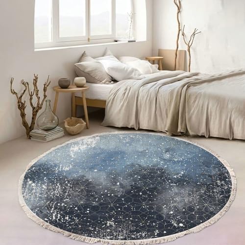 Gualiy Teppich Schlafzimmer Rund, Teppich 150 Polyester Geometrisch Muster mit Quasten Wohnzimmer Teppiche, Dunkelgrau Blau von Gualiy