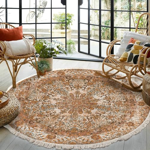Gualiy Teppich Waschbar Rund, Teppich 180 Polyester Blumen Zweige Muster Teppiche, Orange Braun von Gualiy
