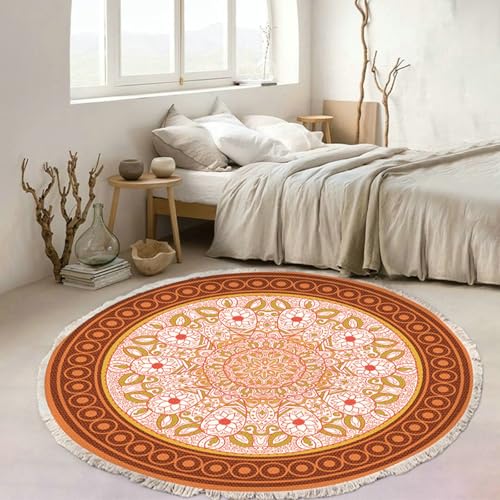 Gualiy Teppich Waschbar Rund, Teppich 90 Polyester Mandala Muster Wohnzimmer Teppiche, Orange Weiß von Gualiy