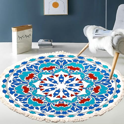 Gualiy Teppich Wohnzimmer Waschbar, Teppich Blau 200 Polyester Floral Mandala Muster mit Quasten Teppiche von Gualiy