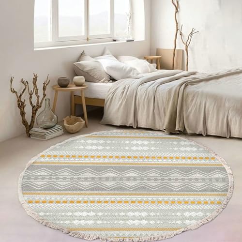 Gualiy Teppich rutschfest Rund, Teppich 120 Polyester Geometrisch Muster mit Quasten Teppiche Waschbar, Grau Gelb von Gualiy