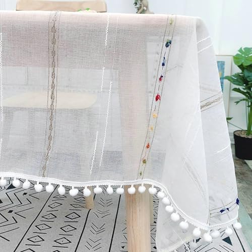 Gualiy Tischdecke Polyester Rechteckig, Tischtuch 140 x 180 Tischdecke Abwaschbar Modern Bunt Streifen mit Quasten Tischdecken für Holztisch, Weiß von Gualiy