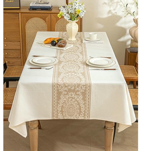 Gualiy Tischdecke Rechteckig, Tischtuch 140 x 180 Baumwolle Leinen Tischdecke Wasserdicht Blumen Stickerei Tischdecke für Esstisch, Kaffee von Gualiy