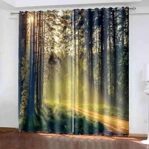 Gualiy Vorhänge 2er Set mit Ösen, Vorhang Blickdicht 102x214 Bäume und Sonnenschein Landschaft Fenstervorhang Verdunkelung von Gualiy