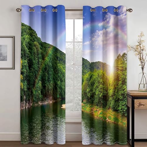 Gualiy Vorhänge Blickdicht Thermo, Vorhänge Grün 214x244 Regenbogen See und Baum Vorhang Wohnzimmer Verdunkelung 2er Set von Gualiy