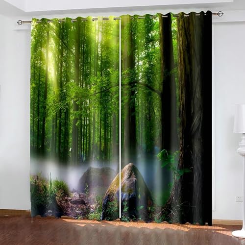 Gualiy Vorhänge Ösen 2er Set Blickdicht, Vorhang Grün 107x214 Bäume und Sonnenschein Landschaft Fenstervorhang Verdunkelung von Gualiy