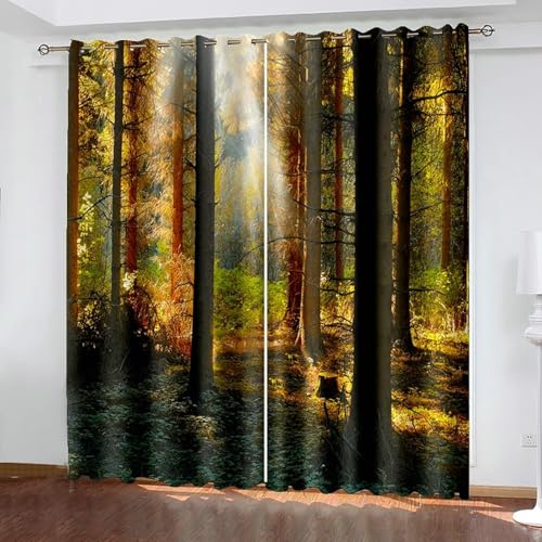 Gualiy Vorhänge Schlafzimmer Verdunkelung, Vorhänge 107x183 Bäume und Sonnenschein Landschaft Ösenvorhang 2er Set Blickdicht von Gualiy