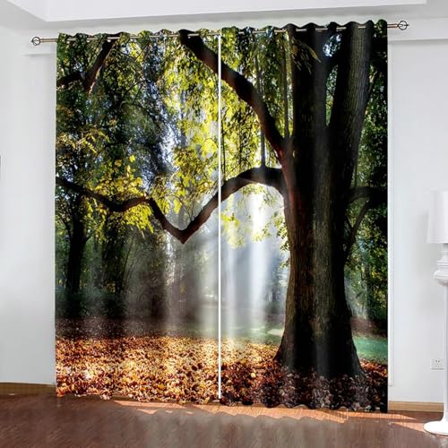 Gualiy Vorhänge Thermo, Gardinen Blickdicht 132x214cm Bäume und Sonnenschein Landschaft Vorhang Verdunkelung 2er Set von Gualiy