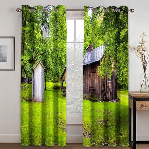 Gualiy Vorhänge Verdunkelung, Vorhänge 86x115cm Landschaftshaus und Bäume Ösenvorhang Blickdicht 2er Set von Gualiy