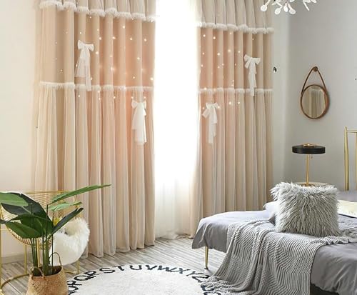 Gualiy Vorhänge Wohnzimmer 2er Set, Vorhang Blickdicht Verdunkelung Haken 96x115CM Hohl Stern Bowknot Doppellagig Vorhang Beige Vorhänge für Balkon von Gualiy