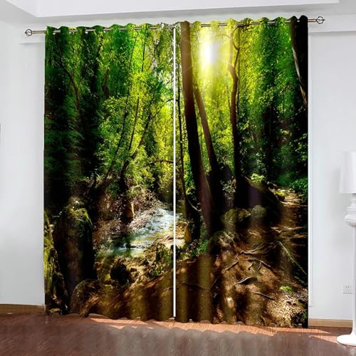 Gualiy Vorhänge mit Ösen 2er Set, Vorhänge Blickdicht 152x244 Natur Wald und Bachlandschaft Fenstervorhang Verdunkelung von Gualiy