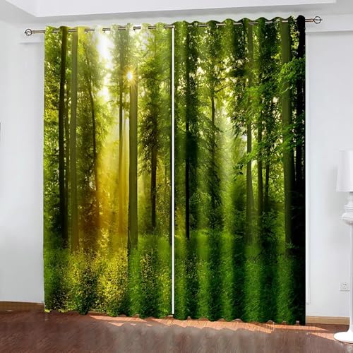 Gualiy Vorhänge mit Ösen 2er Set Blickdicht, Vorhang Grün 102x160cm Grün Bäume Landschaft Vorhang Verdunkelung Wohnzimmer von Gualiy