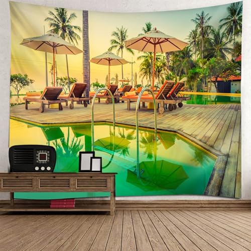 Gualiy Wandbehang 260x240, Wandteppich Pool und Strandstühle Tapestry für Wohnzimmer Schlafzimmer, Khaki Grün von Gualiy