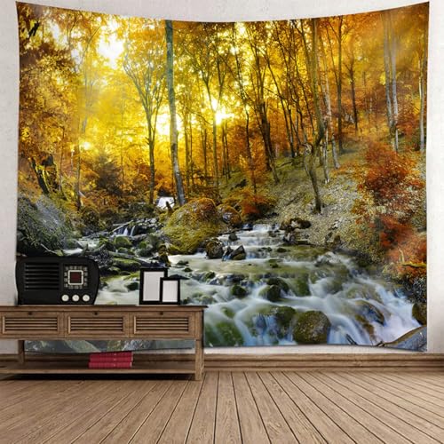 Gualiy Wandbehang 350x256, Wandteppich Herbstwald und Bäche Tapisserie für Wohnzimmer Schlafzimmer Wohnheim, Orange von Gualiy