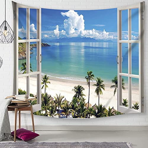 Gualiy Wandteppich 260 x 240 cm, Meer Strand Palme Fenster Landschaft Wandbehang Wandtuch Ozean Tapisserie Wandkunst für Schlafzimmer Wohnzimmer Deko von Gualiy