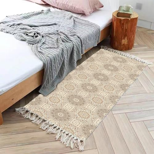 Gualiy Wohnzimmer Teppich Rechteckig, Teppich 60x120 Baumwolle Leinen Geometrisch Muster mit Quasten Schlafzimmer Teppiche, Helles Khaki von Gualiy