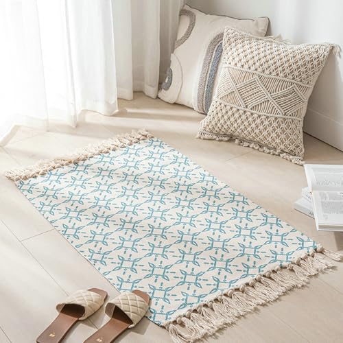 Gualiy Wohnzimmer Teppiche Modern, Teppich 60x90 Polyester Blumen Muster mit Quasten Schlafzimmer Teppiche, Blau Grün von Gualiy