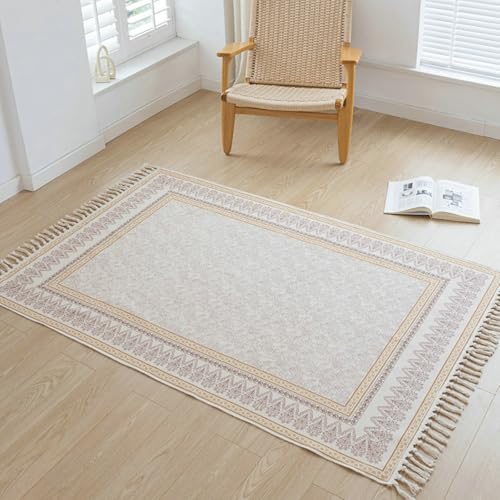 Gualiy Wohnzimmerteppich Rechteckig, Teppich 120x180 Baumwolle Leinen Blumen Muster mit Quasten Teppich Schlafzimmer, Braun Gelb von Gualiy