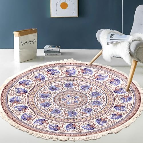 Gualiy Wohnzimmerteppich Rund, Teppich Violett 100 Polyester Floral Mandala Muster mit Quasten Schlafzimmer Teppich von Gualiy
