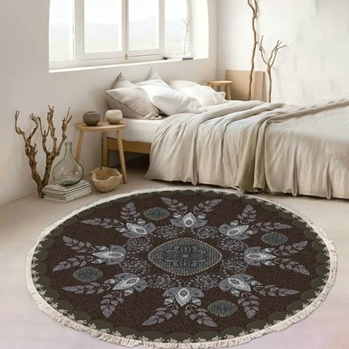 Gualiy Wohnzimmerteppich Waschbar, Teppich Rund 120 Polyester Blumen Zweige Muster Teppich Schlafzimmer, Dunkelbraun von Gualiy