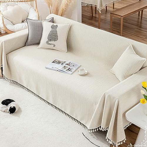 Sofa Überzug 180x230cm, Gitternetz mit Quasten Sofabezug 2 Sitzer Sofahusse Kratzfest Beige Couchbezug für Wohnlandschaft von Gualiy