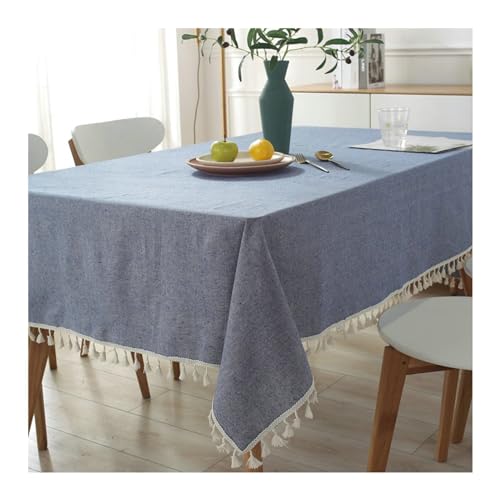 Tischdecke Baumwolle Leinen Rechteckig, Tischdecke 140x140CM Tischdecke Abwaschbar Party Einfarbig mit Quasten Tischdecke für Couchtisch, Blau von Gualiy