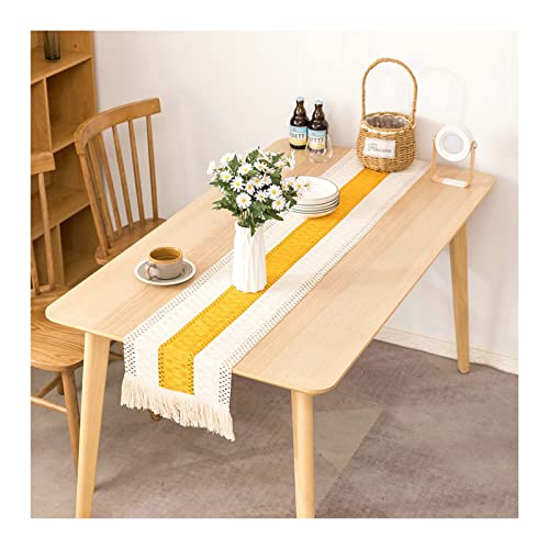 Tischläufer Küche, Leinen Tischläufer Abwaschbar rutschfest 30x120cm Zweifarbig Flickwerk mit Quaste Tischläufer für Glastisch, Gold Gelb von Gualiy