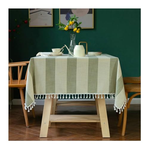 Tischtuch Quadratisch, Tischdecken 140x260CM Baumwolle Leinen Abwaschbare Tischdecke Streifen mit Quasten Tischdecken für Küchentisch, Grün von Gualiy