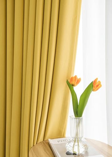 Vorhänge 2er Set mit Ösen, Vorhänge Blickdicht Wohnzimmer Einfarbig Ripple Textur Vorhang Schlafzimmer B 137 x H 160 cm Gardine Vorhang Lang, Gelb von Gualiy