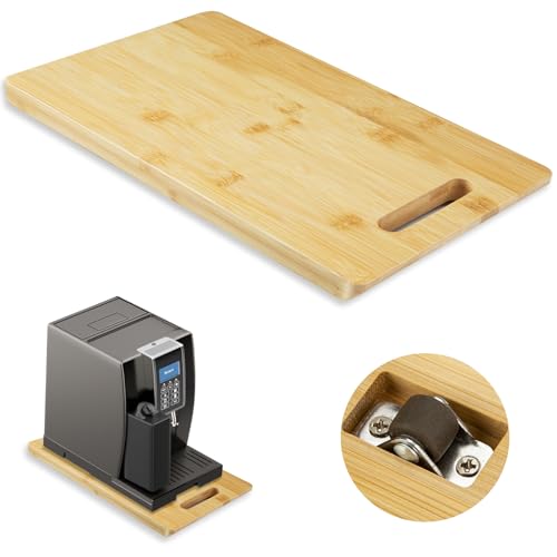 Bambus-Schieber für Kaffeemaschine, Küchen-Arbeitsplatte, Rolltablett für Kaffeekanne, Kaffeekannen-Schieber-Tablett mit Gummirädern, tief – mittel (36,8 cm D x 24,1 cm B) von GuanQiao