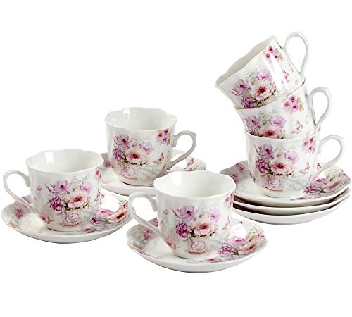 GuangYang Bone China 6er Kaffeetassen mit Untertassen Set Fine Porzellan mit Retro-Modern Blumen Muster-Pink Rosen Weiß 2.8oz Espressotassen Set von GuangYang