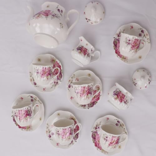 Guangyang 15-teiliges Porzellan-Teeset, 200 ml, Tassen und Untertasse, Service für 6 Personen, mit Teekanne, Zuckerdose, Creme-Krug für Tee/Kaffee von GuangYang