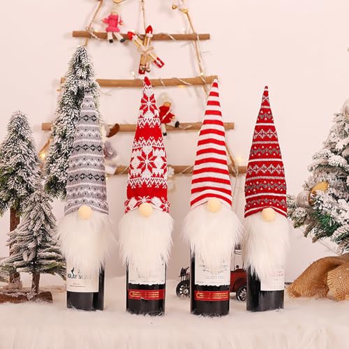 GuangZhou 4 Stücke Weihnachten Weinflasche Flaschenanzug Gnomes Flaschen Deko Weihnachtsmann Hut Flaschebeutel für Weihnachten Dekorationen (Reihe 1) von GuangZhou